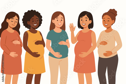 Diverse expectant mothers. Joyful multicultural pregnant women group smiling, holding bellies. Motherhood journey, new life. Pregnancy, community, support concept. Women's health. Flat illustration.
