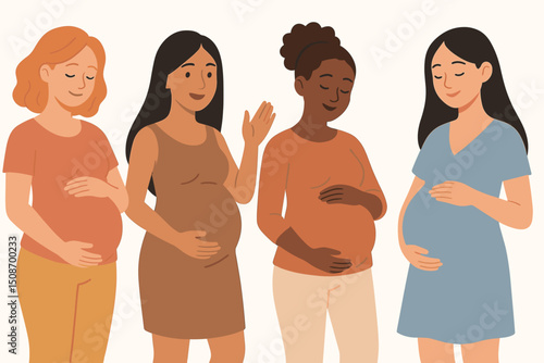 Joyful expectant mothers from diverse backgrounds. Set of pregnant women characters. Happy multicultural group awaiting childbirth, embracing pregnancy. Maternity and new life vector art.