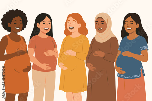 Diverse group of happy pregnant women celebrating multicultural motherhood. Expecting mothers of different ethnicities joyfully holding baby bumps. Pregnancy and maternity unity concept vector.