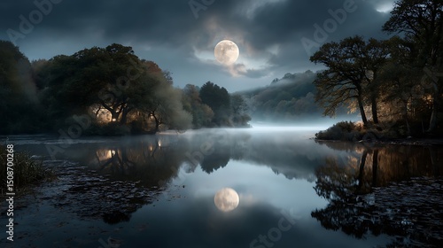 안개 낀 호수 위 달빛 풍경 AI 생성