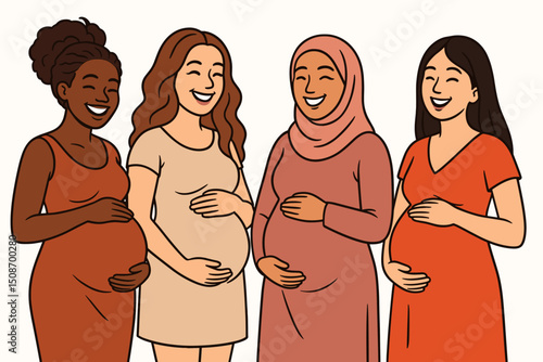 Happy pregnant women of diverse ethnicities. Multicultural group of expectant mothers celebrating motherhood journey. Unity, joy, and anticipation. Female empowerment. Vector art.