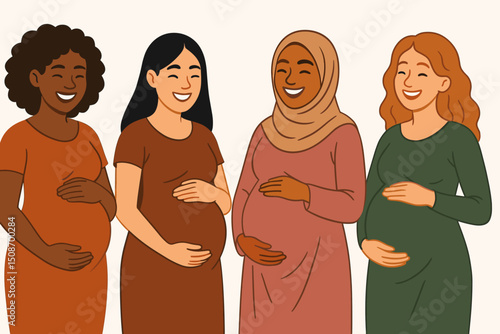 Diverse group of happy pregnant women. Multicultural expectant mothers joyfully embracing bellies. Motherhood, pregnancy, maternity concept. Flat vector illustration of female unity.