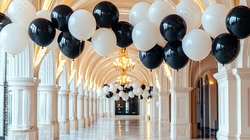 curved arch of glossy black and satin white balloons, arranged on soft tile flooring, subtle light casts gentle highlights on neutral stucco backdrop