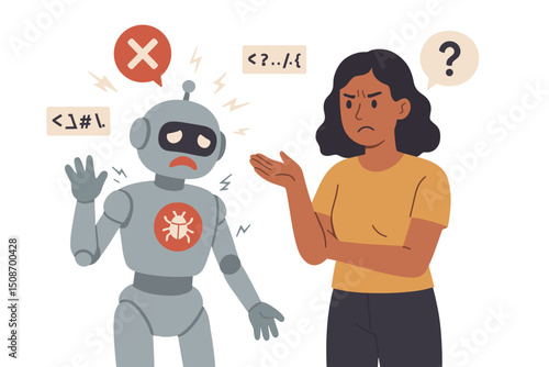 Sad robot glitching with error symbols, bug icon. Frustrated woman, confused by AI malfunction, system failure. Technology problem, technical support issue, broken chatbot, bad user experience.
