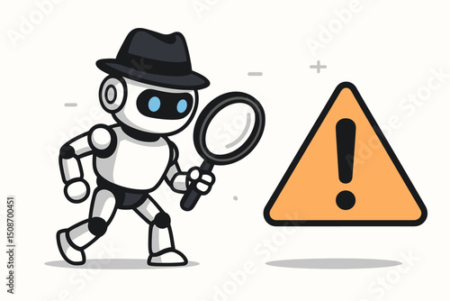 Robot detective investigating with magnifying glass, AI analyzing critical warning alert. Future technology concept for problem solving, error detection, data analysis, cyber security search.