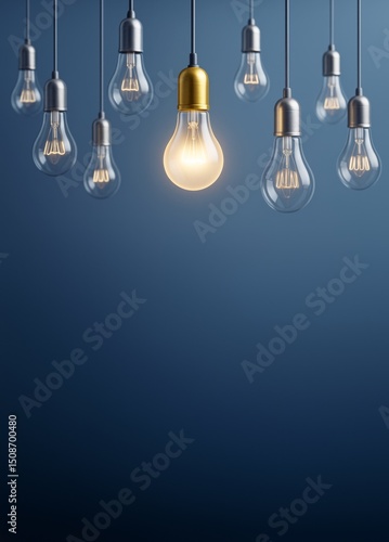 Hanging lightbulbs with one glowing bulb as business innovation concept on dark blue background with copyspace for design or advertising template.