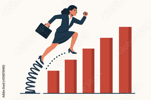 Ambitious businesswoman leaping upward over financial growth bar chart with spring, career progress, success, leadership, opportunity, overcoming challenges, achievement in corporate business