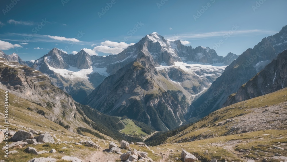 Alpine scene of mountain range on a sunny day with clear skies and lush green valleys. Alpine scene of mountain range on a sunny day with clear skies and lush green valleys.