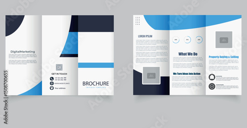 Blue Business Trifold Brochure Template. Corporate Real Estate Layout.