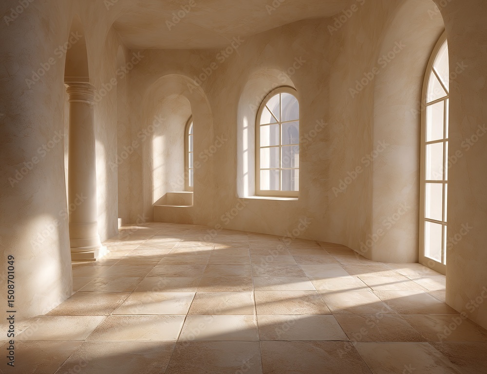 Fototapeta premium Elegant Sunlit Beige Corridor With Archways