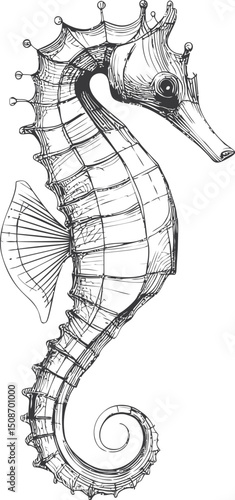 Intricate black and white sketch of a seahorse in profile view, stylized drawing. Vector illustration