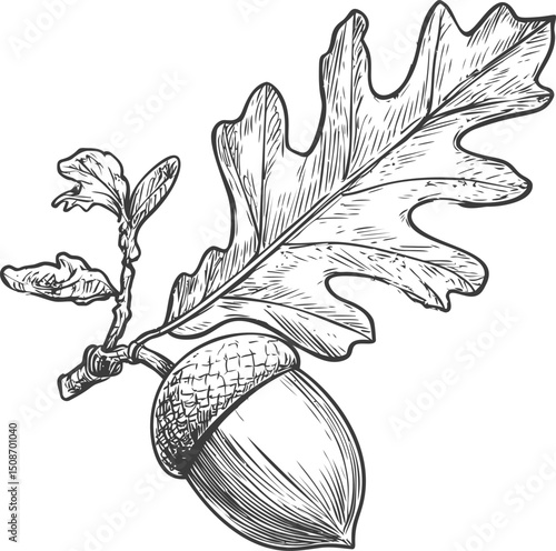 Detailed black and white illustration of an acorn with oak leaves drawing. Vector illustration