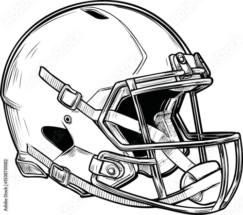 American football helmet illustration with detailed line art design. Vector illustration
