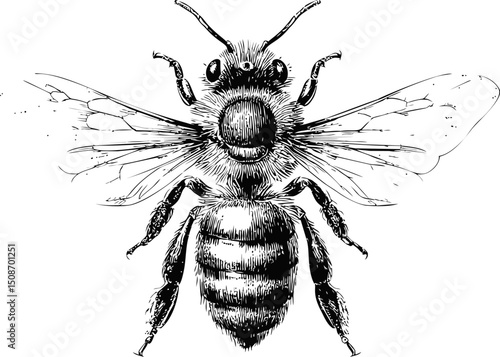 Detailed black and white illustration of a bee with intricate wing patterns. Vector illustration