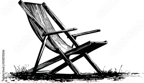 Wooden folding chair on grass in black and white illustration. Vector illustration
