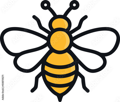 Cute yellow bee cartoon with bold outlines flying emblem on white. Vector illustration