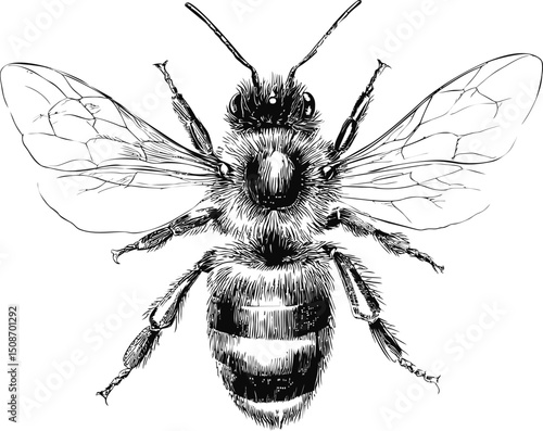 Detailed black and white illustration of a bee with spread wings. Vector illustration