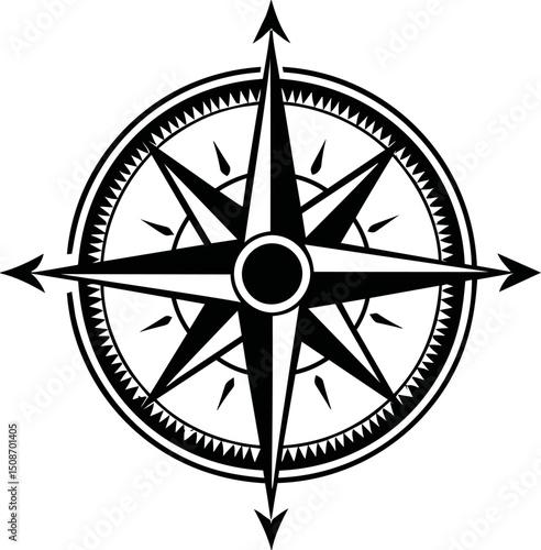 Black and white intricate compass rose with detailed points and classic design. Vector illustration
