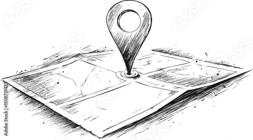 Hand-drawn map with location pin icon sketch, concept of navigation. Vector illustration