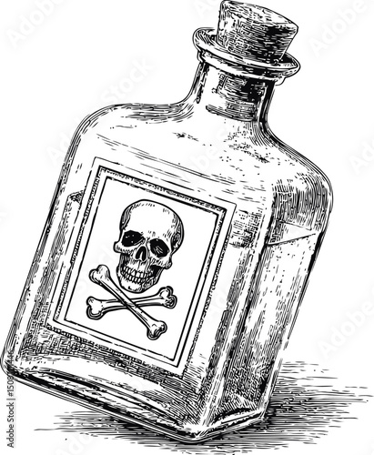 Vintage poison bottle illustration with skull and crossbones, black and white sketch. Vector illustration