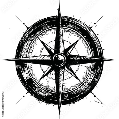 Vintage black and white compass rose illustration with intricate details. Vector illustration