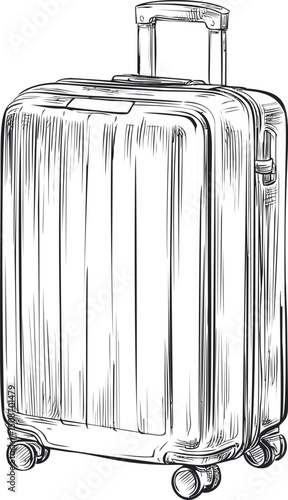 Black and white sketch of a detailed suitcase with handle and wheels, illustration. Vector illustration