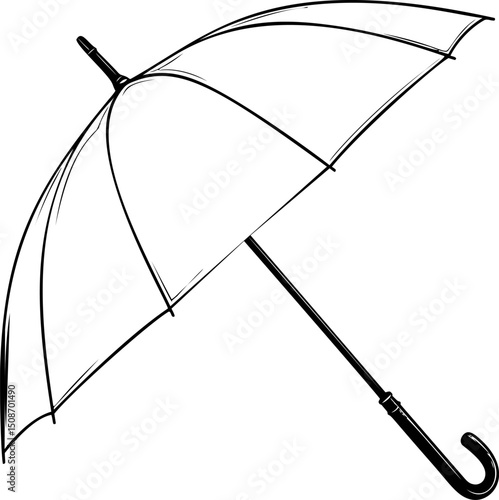 Black and white line drawing of an open umbrella with curved handle illustration. Vector illustration