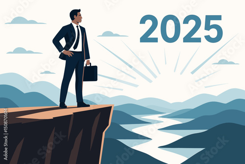 Visionary Person Standing on Cliff Edge Overlooking Vast Landscape at Sunset, Inspirational Outdoor Adventure and Exploration Scene, Nature Contemplation Vector Illustration