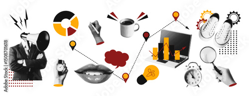 Modern collage  halftone of cut out elements halftone business design. Laptop, eyes, diagram, magnifier, startup, idea. Retro vector illustration for report, statistics, analysis.