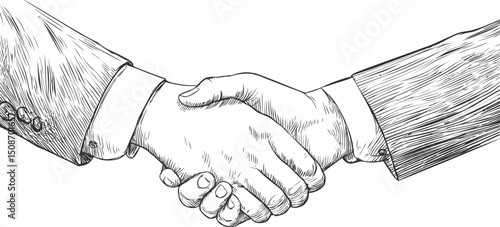 Sketch of two hands in a firm handshake representing business agreement. Vector illustration