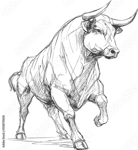 Dynamic sketch of a powerful charging bull in black and white illustration. Vector illustration