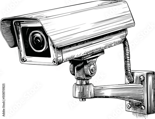 Black and white sketch of a security camera on a wall mount, surveillance concept. Vector illustration