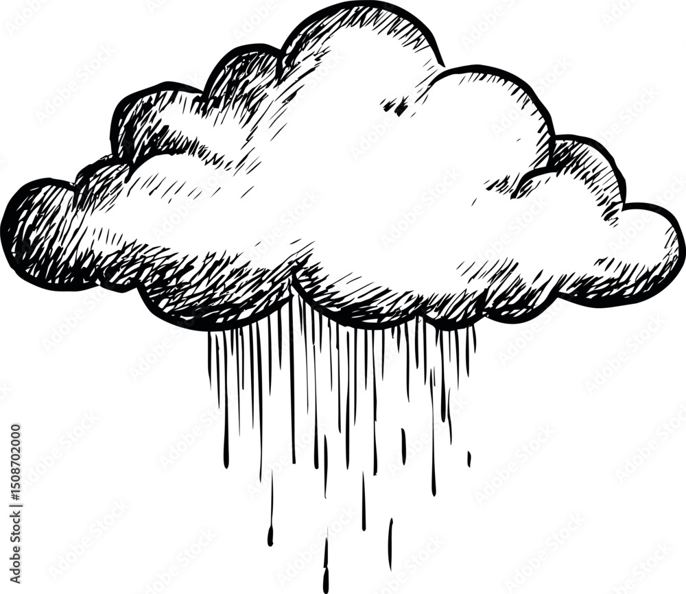 Obraz premium Sketch of a single cloud releasing rain, black and white illustration. Vector illustration