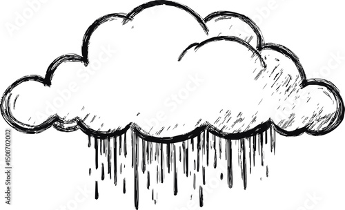 Black and white sketch of a rain cloud dripping onto. Vector illustration