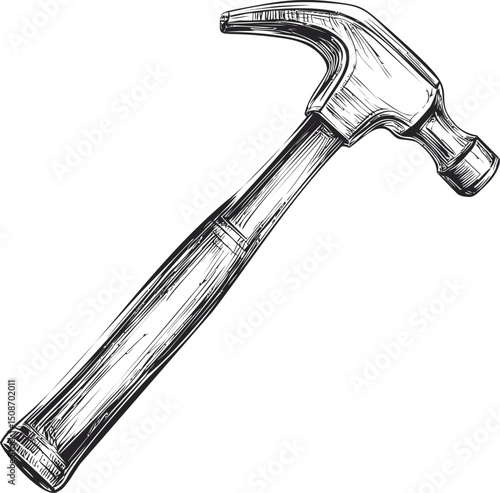 Black and white sketch of a classic claw hammer, tool illustration concept. Vector illustration