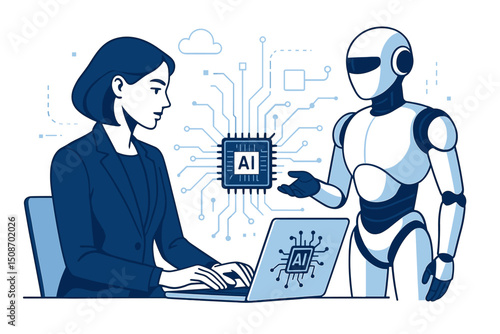 Futuristic Businesswoman with AI Technology and Digital Interface in Modern Corporate Environment Visualizing Innovation and Advanced Artificial Intelligence Applications