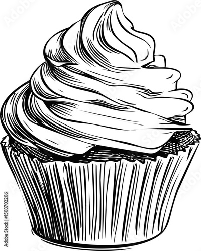 Black and white illustration of a cupcake with whipped frosting. Vector illustration