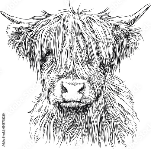 Detailed line art of a highland cow with shaggy fur and long horns in black and white. Vector illustration