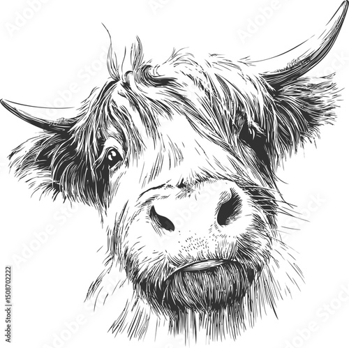 Black and white sketch of a highland cow with long hair and expressive eyes. Vector illustration