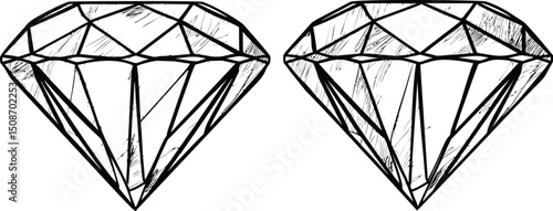 Black and white line art of two diamond gemstones with geometric patterns. Vector illustration