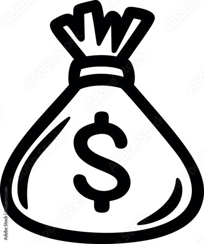 Money bag icon with dollar sign in black and white outline style. Vector illustration