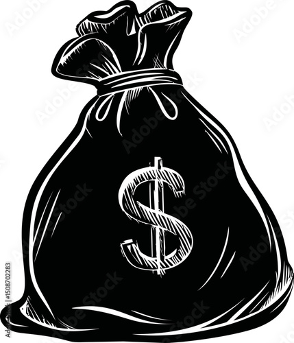 Black and white illustration of a money bag with dollar sign icon. Vector illustration