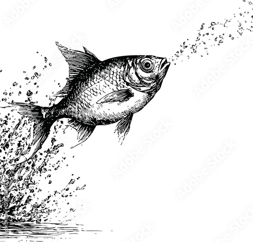 Illustration of a flying fish leaping from water with splash in black and white. Vector illustration