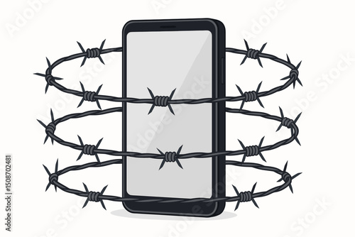 Smartphone Wrapped in Barbed Wire Symbolizing Digital Security, Privacy Protection, Cyber Threats, Restricted Access, Internet Safety, and Modern Technology Risks on White Background