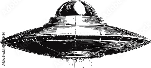 Monochrome illustration of retro flying saucer with intricate details. Vector illustration