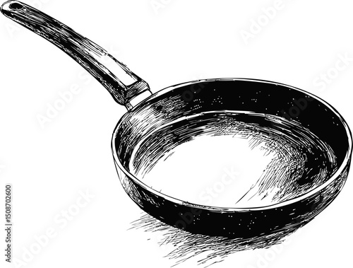 Black and white detailed ink drawing of a frying pan with a long handle. Vector illustration