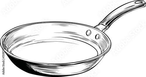 Black and white sketch of a frying pan with a handle for cooking illustration. Vector illustration