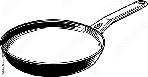 Black and white illustration of a frying pan with handle, simple sketch style. Vector illustration