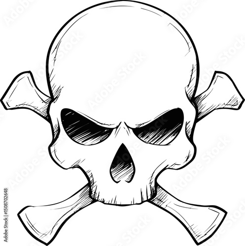 Black and white skull with crossbones illustration in a sketch style. Vector illustration