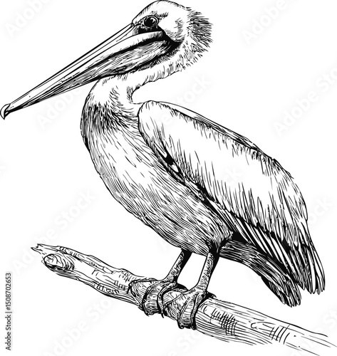 Line art of pelican perched on branch with detailed feathers sketch. Vector illustration